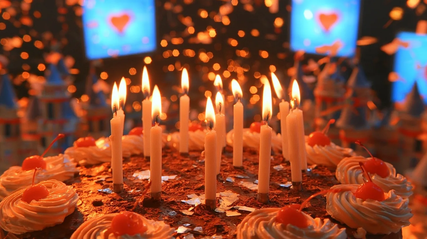 macro film still: lit white candles and their flames on a chocolate cake topped with cream rosettes and cherries, a few flakes of confetti on the shavings, warm and razor sharp; behind them a blur of party turrets in…