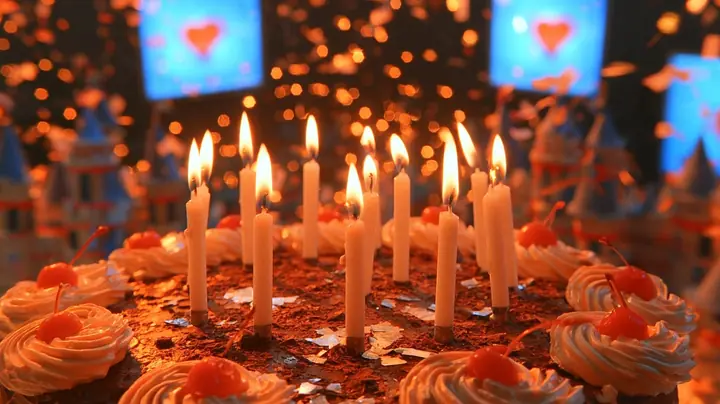 macro film still: lit white candles and their flames on a chocolate cake topped with cream rosettes and cherries, a few flakes of confetti on the shavings, warm and razor sharp; behind them a blur of party turrets in…