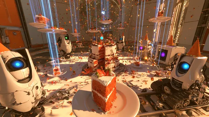 film still at a round white party table: the big cake has been cut and slices on little white plates glide out through the air on thin translucent blue beams toward the guests, one slice large and sharp in the…