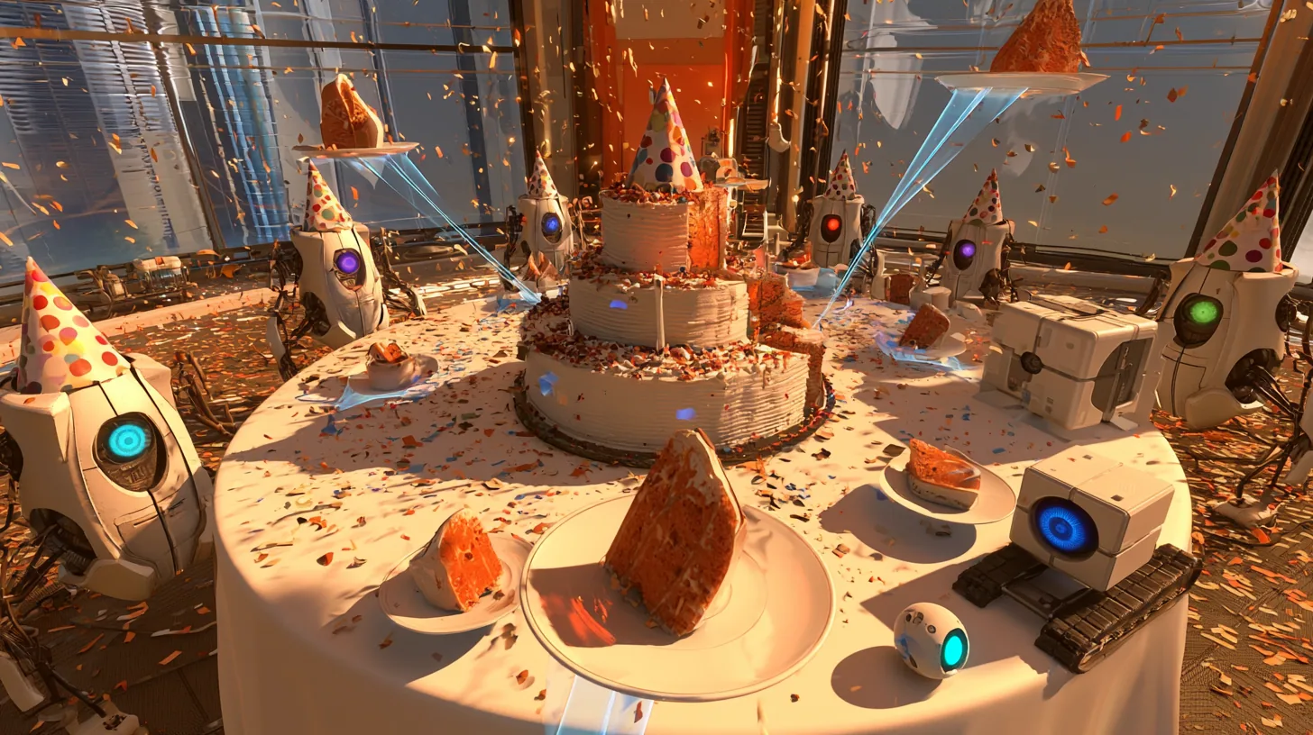 film still at a round white party table: the big cake has been cut and slices on little white plates glide out through the air on thin translucent blue beams toward the guests, one slice large and sharp in the…