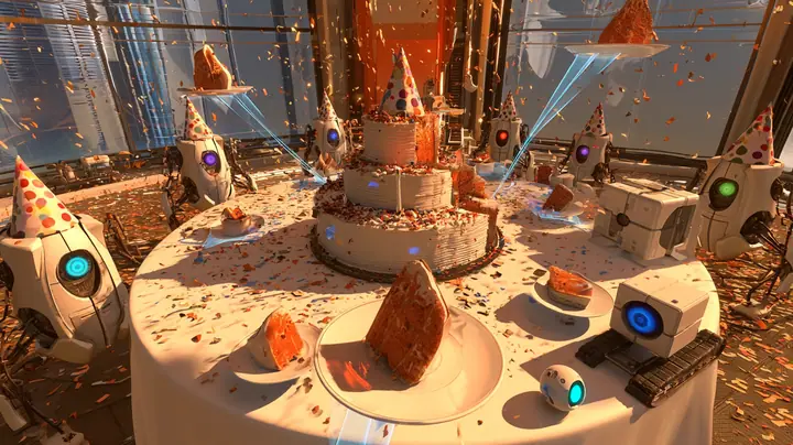 film still at a round white party table: the big cake has been cut and slices on little white plates glide out through the air on thin translucent blue beams toward the guests, one slice large and sharp in the…