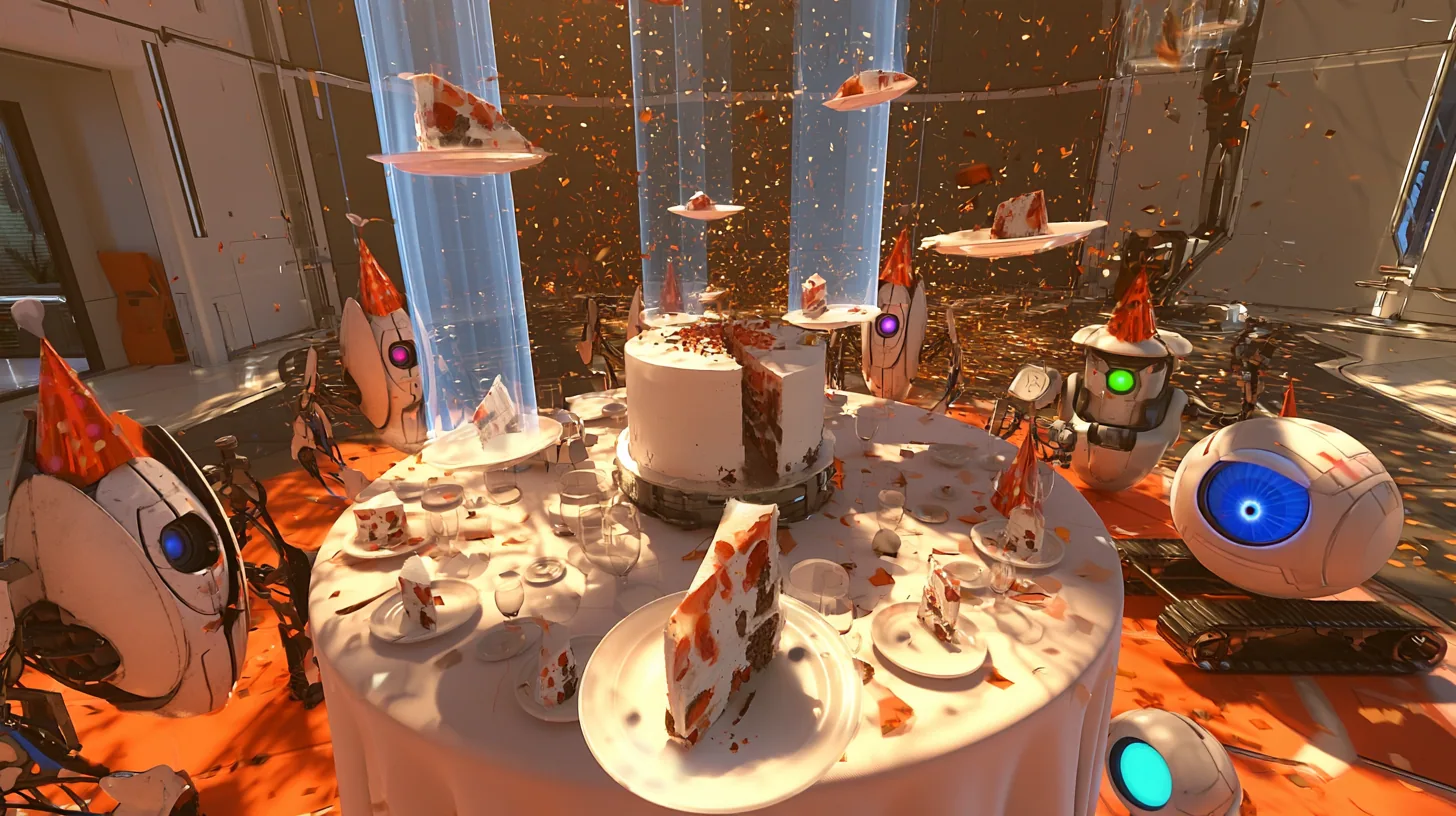 film still at a round white party table: the big cake has been cut and slices on little white plates glide out through the air on thin translucent blue beams toward the guests, one slice large and sharp in the…