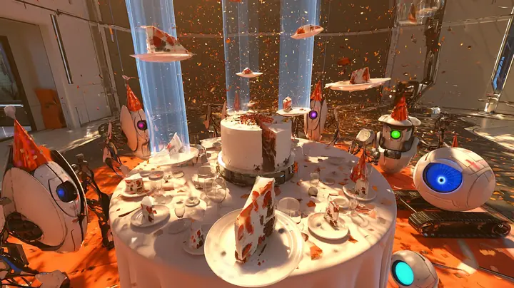 film still at a round white party table: the big cake has been cut and slices on little white plates glide out through the air on thin translucent blue beams toward the guests, one slice large and sharp in the…