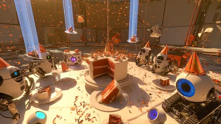 film still at a round white party table: the big cake has been cut and slices on little white plates glide out through the air on thin translucent blue beams toward the guests, one slice large and sharp in the…