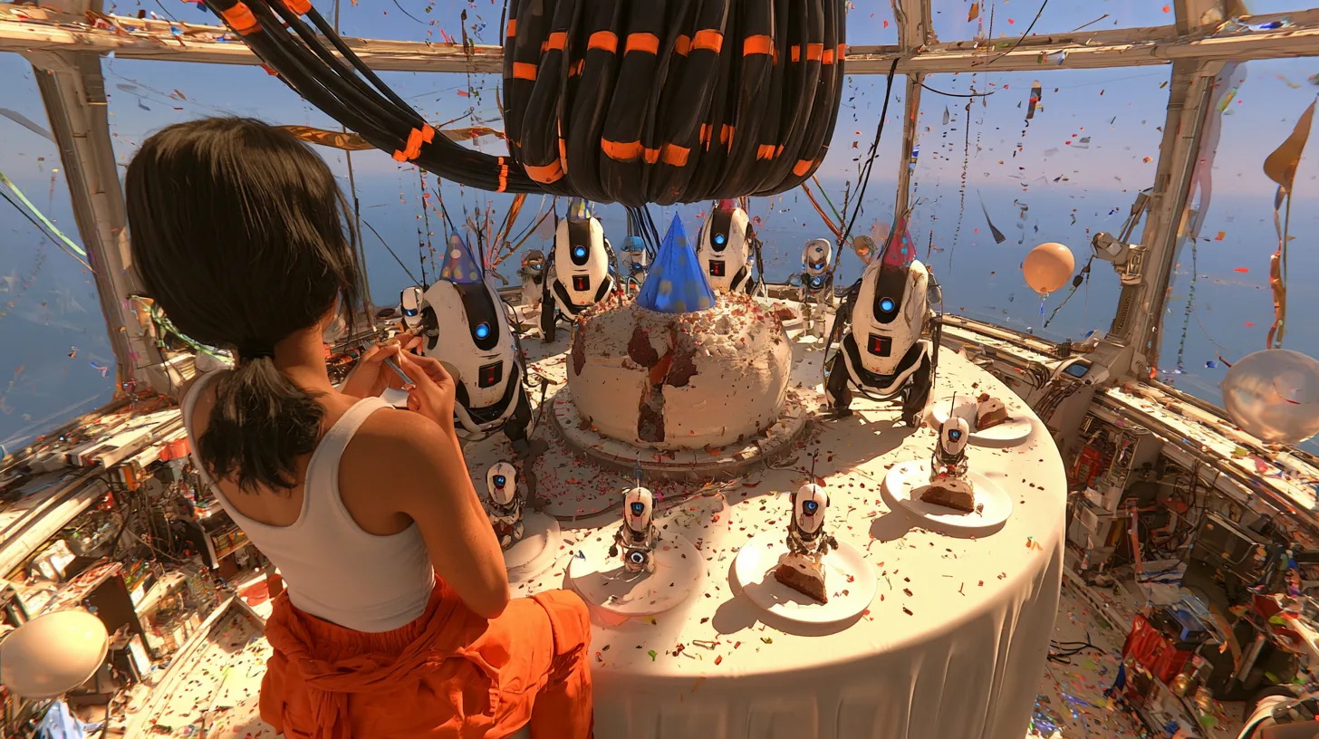 elevated wide cinematic still looking down at a round party table under a dome: the big cake half eaten, sentry turrets in party hats and four little robots each with a slice on a white plate, at the near edge a…