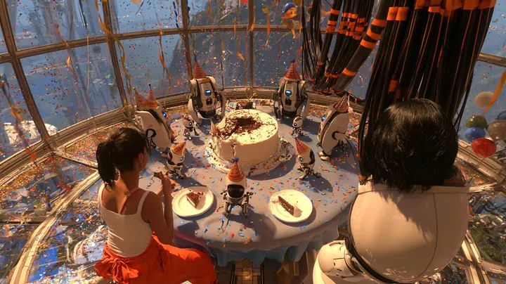 elevated wide cinematic still looking down at a round party table under a dome: the big cake half eaten, sentry turrets in party hats and four little robots each with a slice on a white plate, at the near edge a…