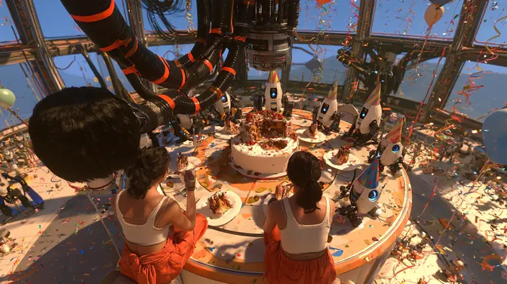 elevated wide cinematic still looking down at a round party table under a dome: the big cake half eaten, sentry turrets in party hats and four little robots each with a slice on a white plate, at the near edge a…