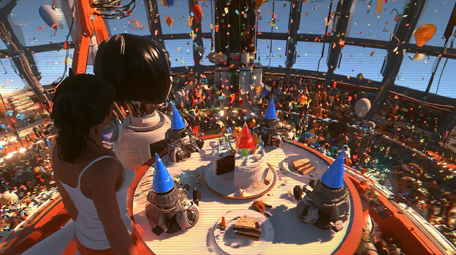 high-angle film still of a party under a dome, frozen like a paused tape: the round table with a half-eaten cake, turrets in party hats and four little robots with slices, a woman with a dark ponytail and white tank…