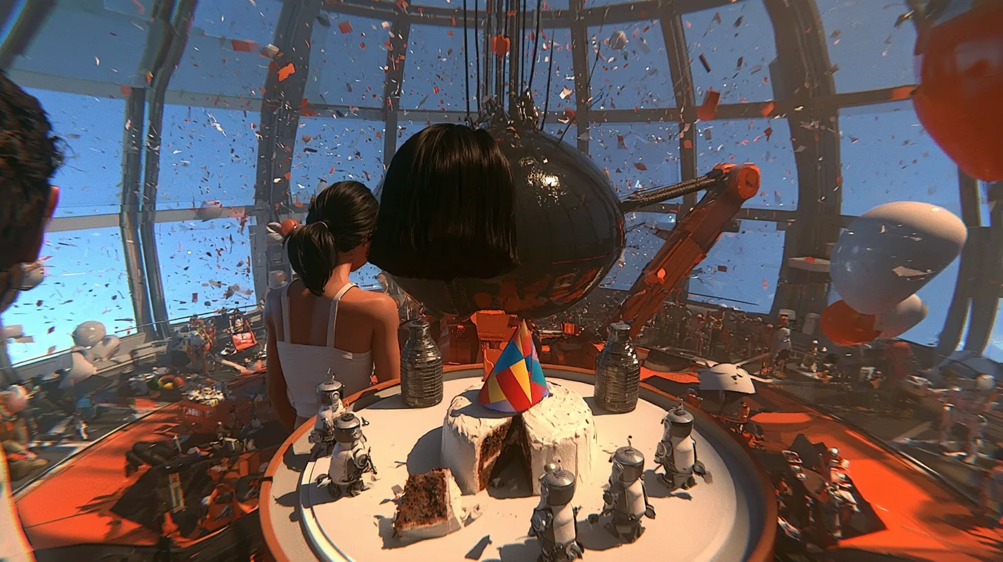 high-angle film still of a party under a dome, frozen like a paused tape: the round table with a half-eaten cake, turrets in party hats and four little robots with slices, a woman with a dark ponytail and white tank…