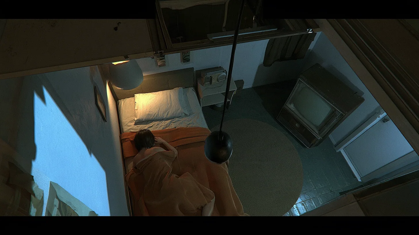 overhead film still looking straight down into a small motel-like room at night: a bed with a brown blanket and white pillow, a woman curled asleep with only her dark hair visible, beside her the top of a…
