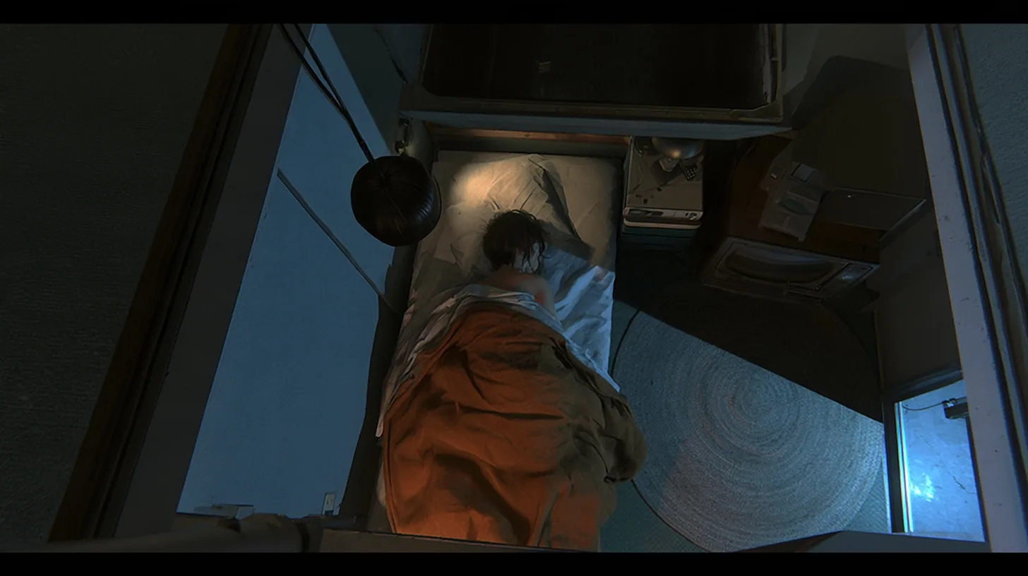 overhead film still looking straight down into a small motel-like room at night: a bed with a brown blanket and white pillow, a woman curled asleep with only her dark hair visible, beside her the top of a…