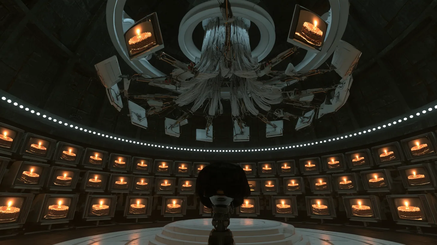 moody wide film still in a dark dome lit by screens: hundreds of old 1970s CRT monitors and white panels on jointed arms all show the same black forest cake with a single candle, glowing warm; a ring of small white…