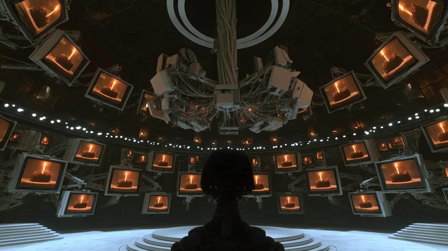 moody wide film still in a dark dome lit by screens: hundreds of old 1970s CRT monitors and white panels on jointed arms all show the same black forest cake with a single candle, glowing warm; a ring of small white…