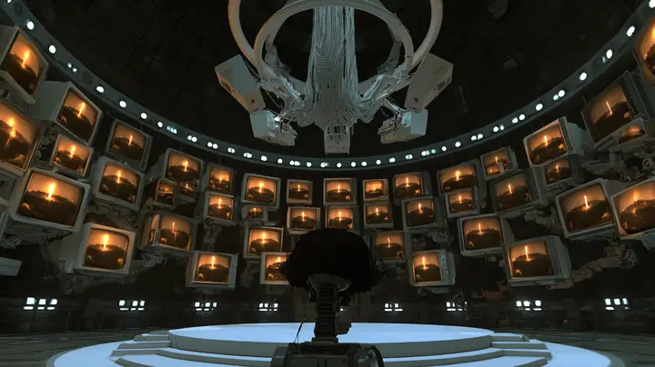 moody wide film still in a dark dome lit by screens: hundreds of old 1970s CRT monitors and white panels on jointed arms all show the same black forest cake with a single candle, glowing warm; a ring of small white…