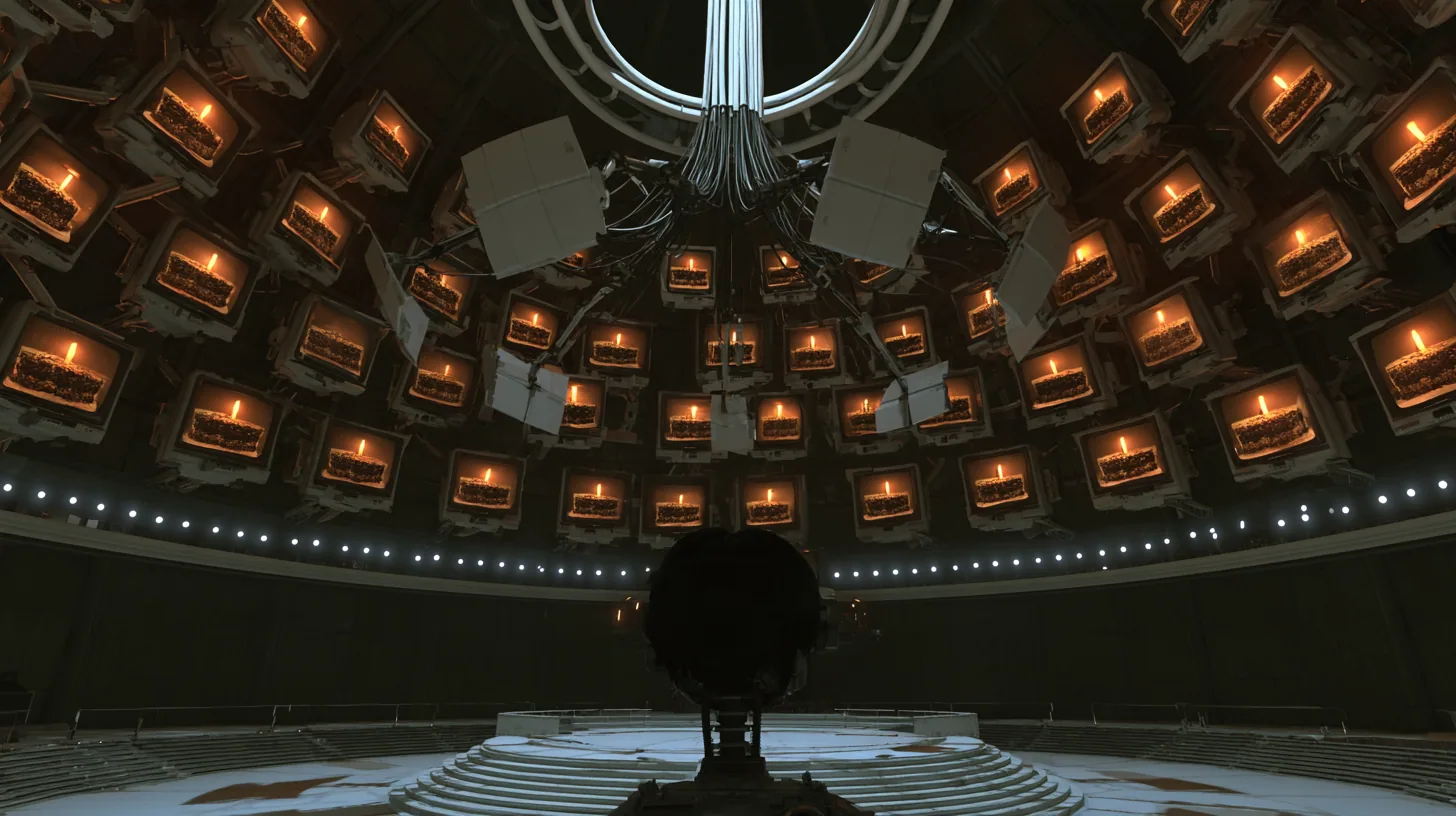 moody wide film still in a dark dome lit by screens: hundreds of old 1970s CRT monitors and white panels on jointed arms all show the same black forest cake with a single candle, glowing warm; a ring of small white…