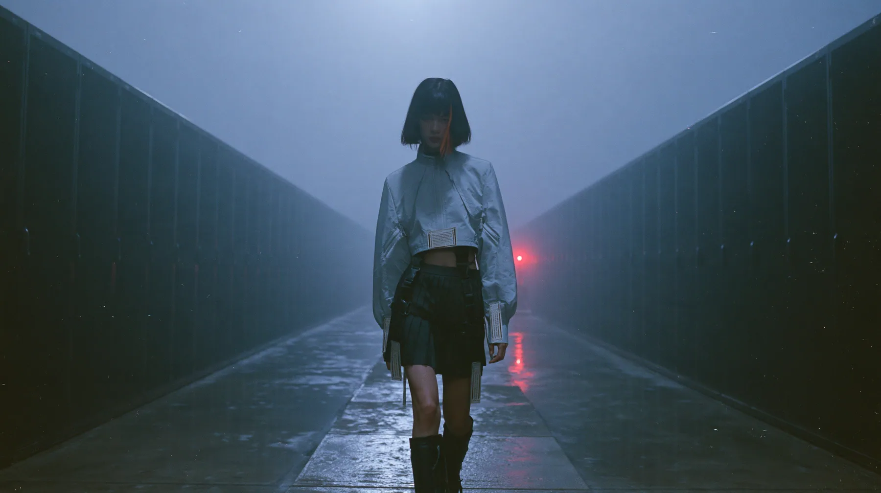 a young woman walking straight toward the camera down a long narrow catwalk of wet concrete inside a vast brutalist data hall, endless dark server towers receding into fog on both sides, a glossy black blunt bob with…