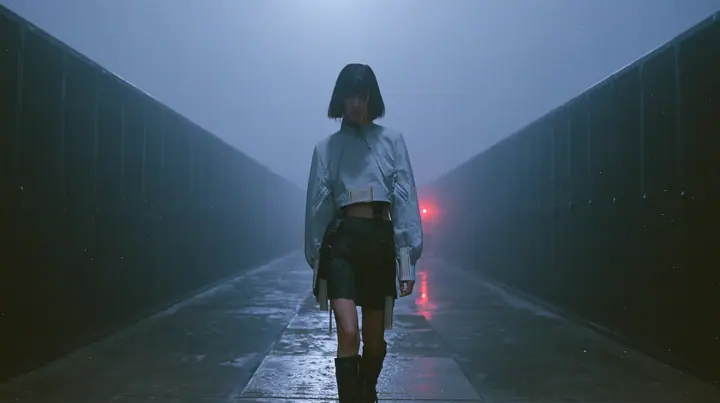 a young woman walking straight toward the camera down a long narrow catwalk of wet concrete inside a vast brutalist data hall, endless dark server towers receding into fog on both sides, a glossy black blunt bob with…