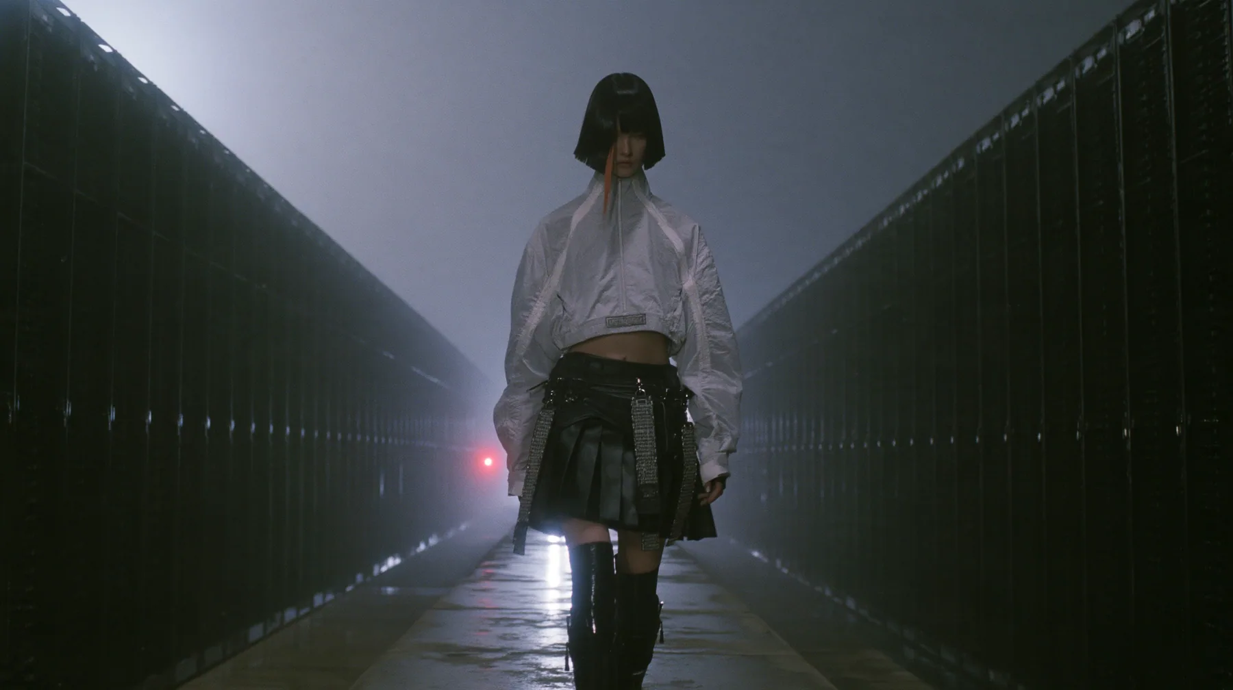 a young woman walking straight toward the camera down a long narrow catwalk of wet concrete inside a vast brutalist data hall, endless dark server towers receding into fog on both sides, a glossy black blunt bob with…