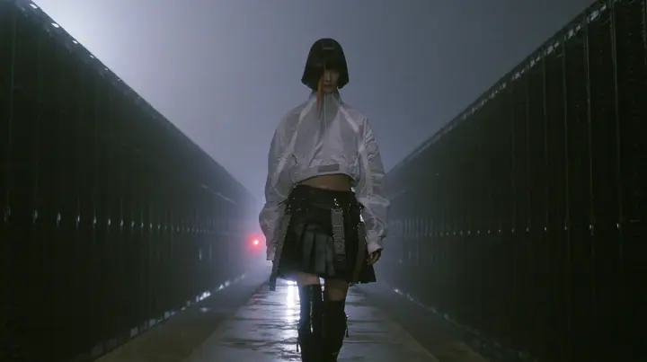 a young woman walking straight toward the camera down a long narrow catwalk of wet concrete inside a vast brutalist data hall, endless dark server towers receding into fog on both sides, a glossy black blunt bob with…