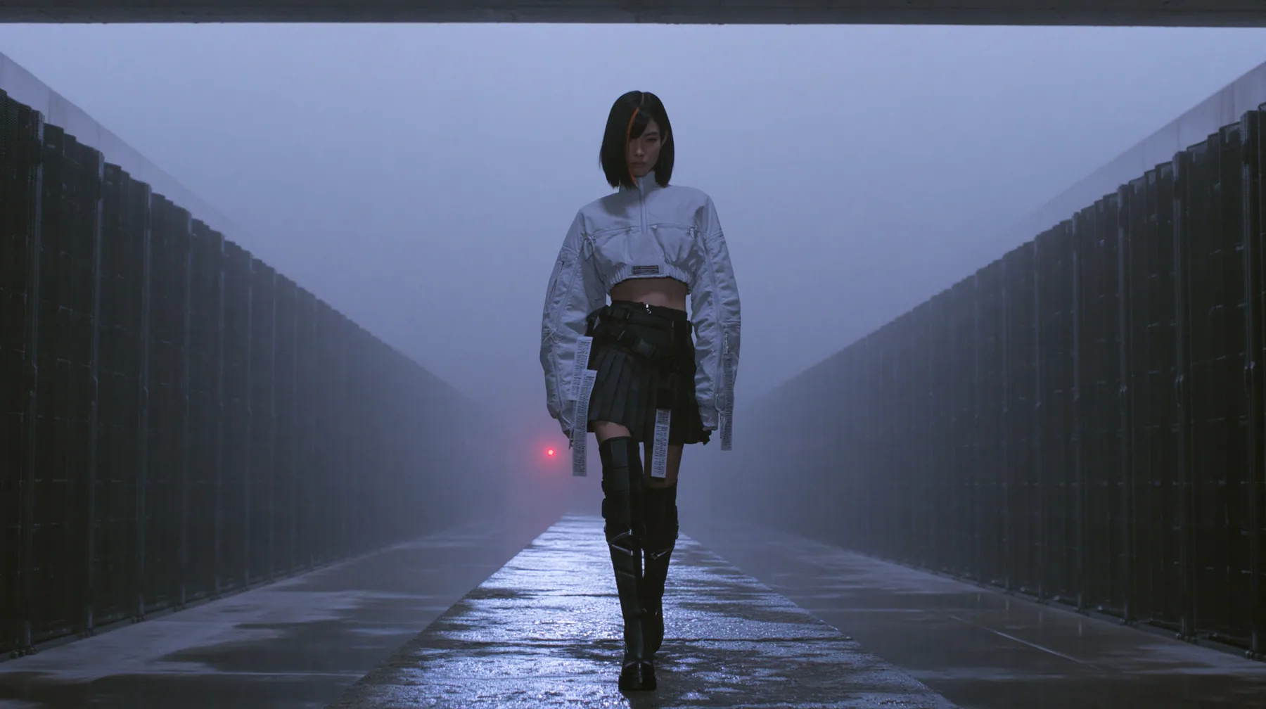 a young woman walking straight toward the camera down a long narrow catwalk of wet concrete inside a vast brutalist data hall, endless dark server towers receding into fog on both sides, a glossy black blunt bob with…