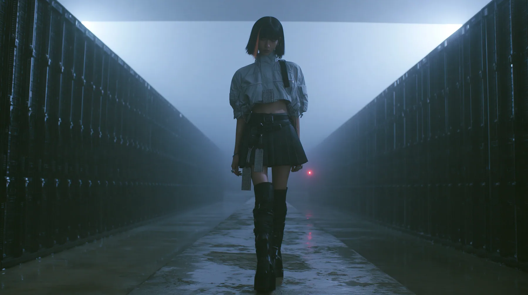 a young woman walking straight toward the camera down a long narrow catwalk of wet concrete inside a vast brutalist data hall, endless dark server towers receding into fog on both sides, a glossy black blunt bob with…