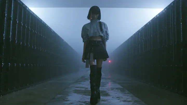 a young woman walking straight toward the camera down a long narrow catwalk of wet concrete inside a vast brutalist data hall, endless dark server towers receding into fog on both sides, a glossy black blunt bob with…