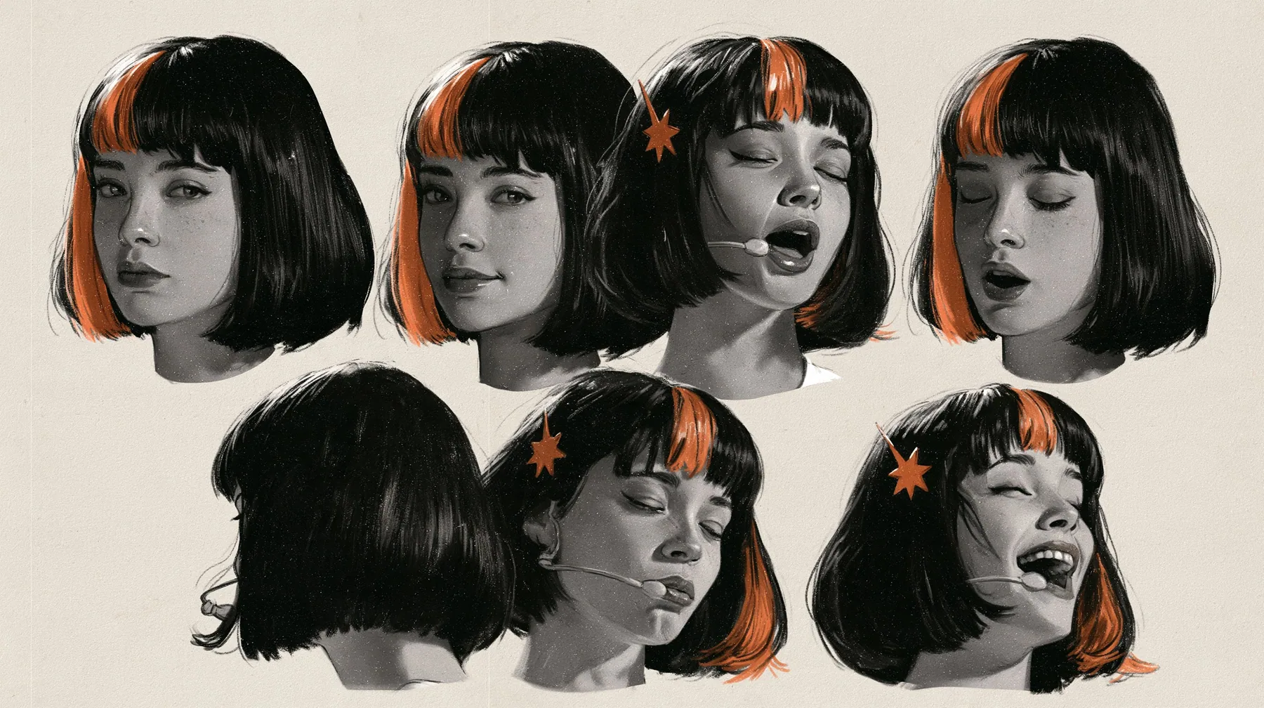 character expression sheet of one young woman, six head-and-shoulders portraits in a grid — neutral, faint smile, singing with open mouth, eyes closed, looking over shoulder, laughing — a glossy black blunt bob with…