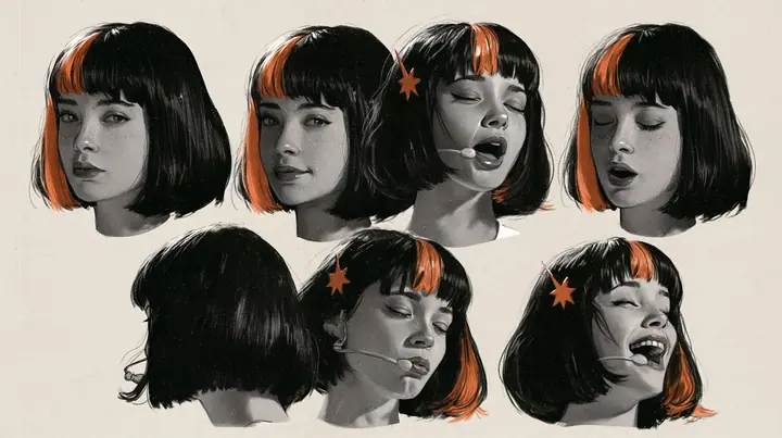 character expression sheet of one young woman, six head-and-shoulders portraits in a grid — neutral, faint smile, singing with open mouth, eyes closed, looking over shoulder, laughing — a glossy black blunt bob with…