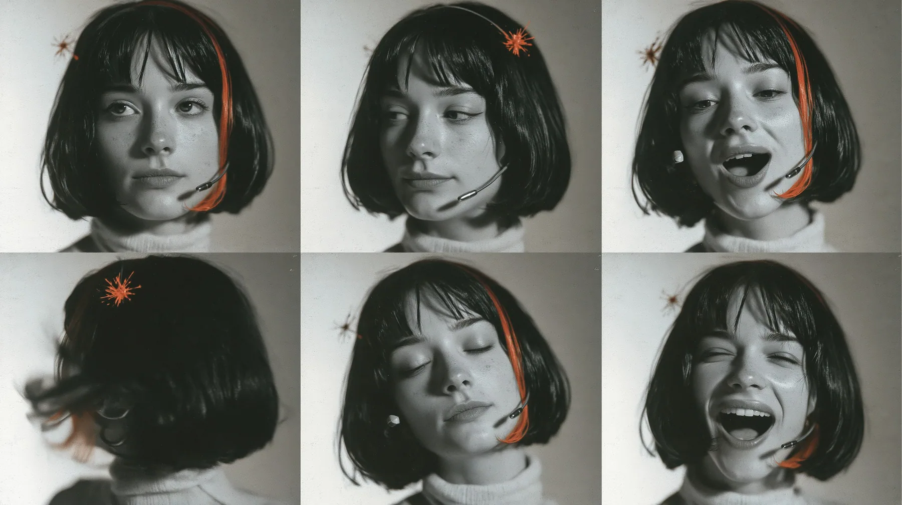 character expression sheet of one young woman, six head-and-shoulders portraits in a grid — neutral, faint smile, singing with open mouth, eyes closed, looking over shoulder, laughing — a glossy black blunt bob with…