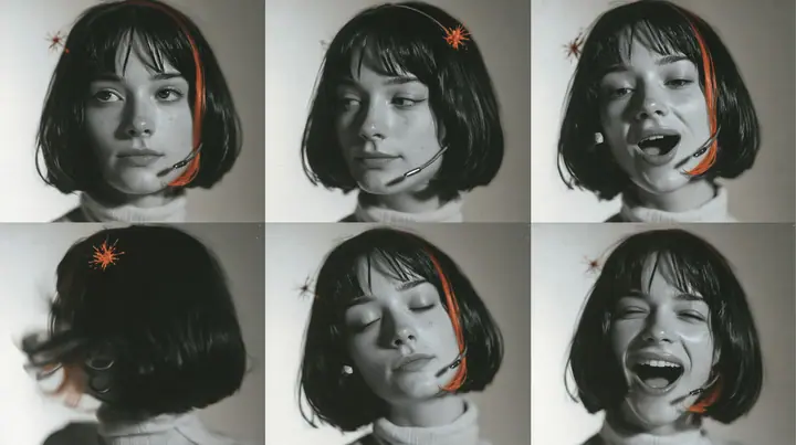 character expression sheet of one young woman, six head-and-shoulders portraits in a grid — neutral, faint smile, singing with open mouth, eyes closed, looking over shoulder, laughing — a glossy black blunt bob with…