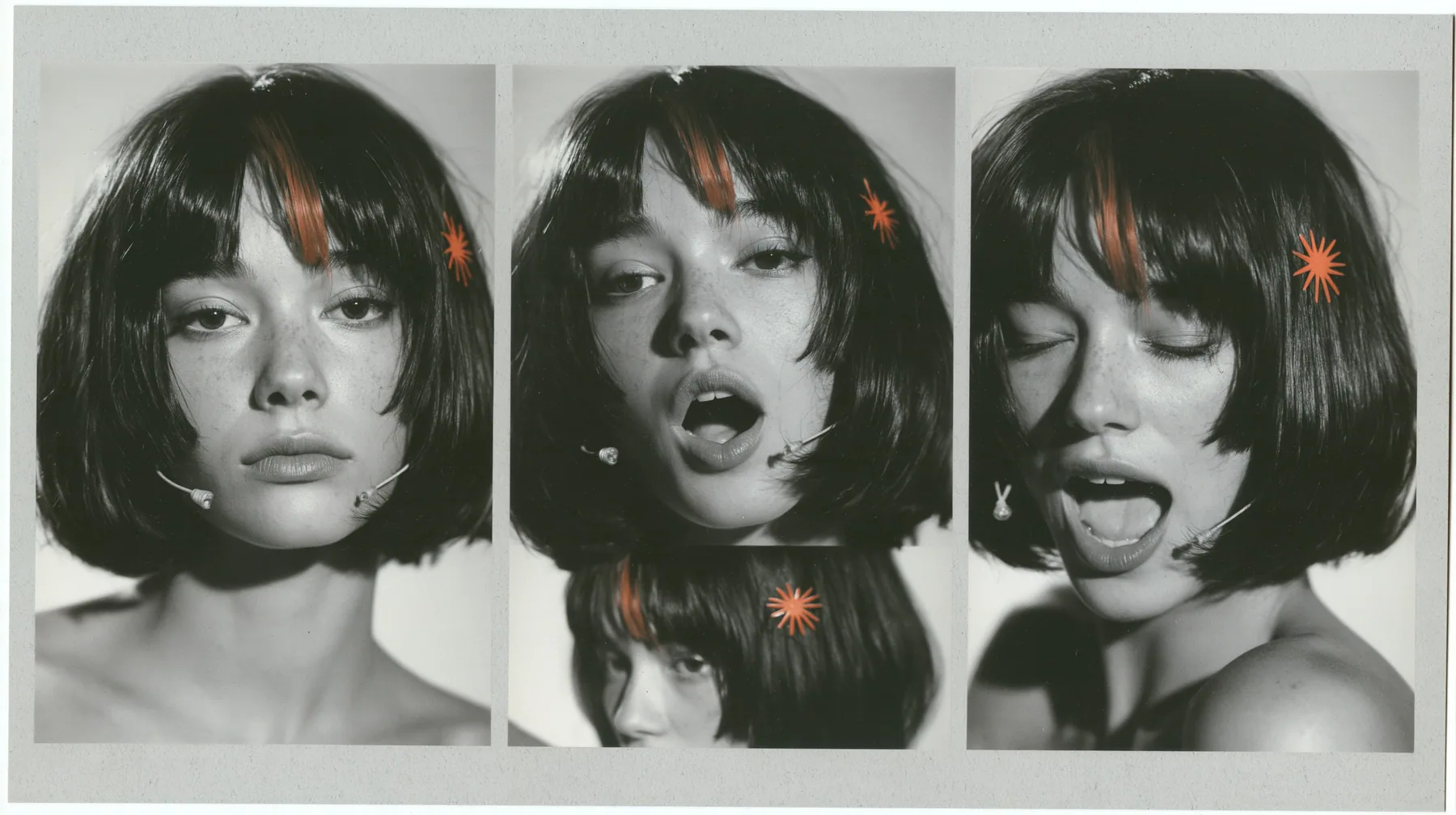 character expression sheet of one young woman, six head-and-shoulders portraits in a grid — neutral, faint smile, singing with open mouth, eyes closed, looking over shoulder, laughing — a glossy black blunt bob with…