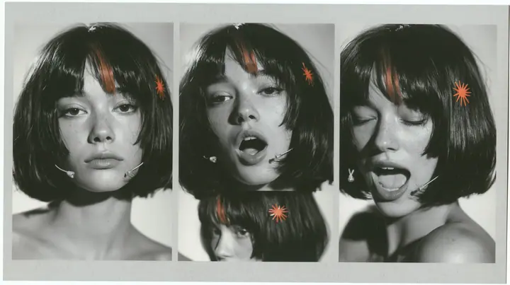 character expression sheet of one young woman, six head-and-shoulders portraits in a grid — neutral, faint smile, singing with open mouth, eyes closed, looking over shoulder, laughing — a glossy black blunt bob with…