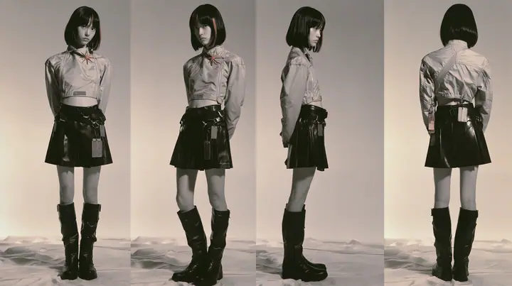 fashion lookbook turnaround sheet of one young woman, the same model shown four times — front, three-quarter, side, back — a glossy black blunt bob with a single clay-orange streak, calm curious expression, wearing a…