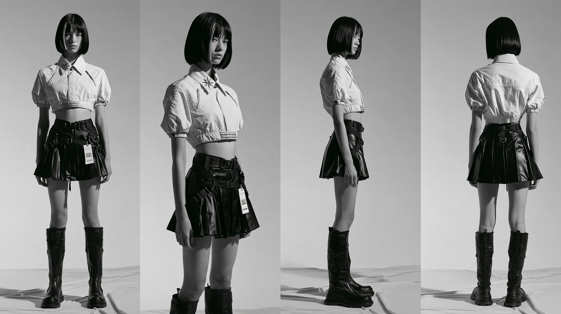 fashion lookbook turnaround sheet of one young woman, the same model shown four times — front, three-quarter, side, back — a glossy black blunt bob with a single clay-orange streak, calm curious expression, wearing a…
