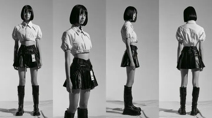 fashion lookbook turnaround sheet of one young woman, the same model shown four times — front, three-quarter, side, back — a glossy black blunt bob with a single clay-orange streak, calm curious expression, wearing a…
