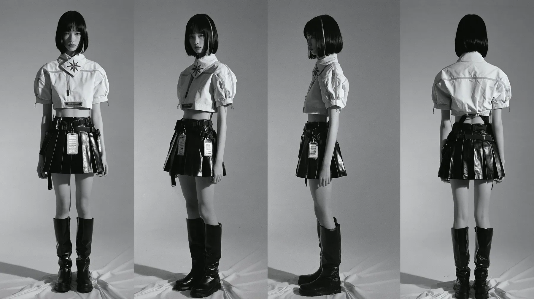 fashion lookbook turnaround sheet of one young woman, the same model shown four times — front, three-quarter, side, back — a glossy black blunt bob with a single clay-orange streak, calm curious expression, wearing a…