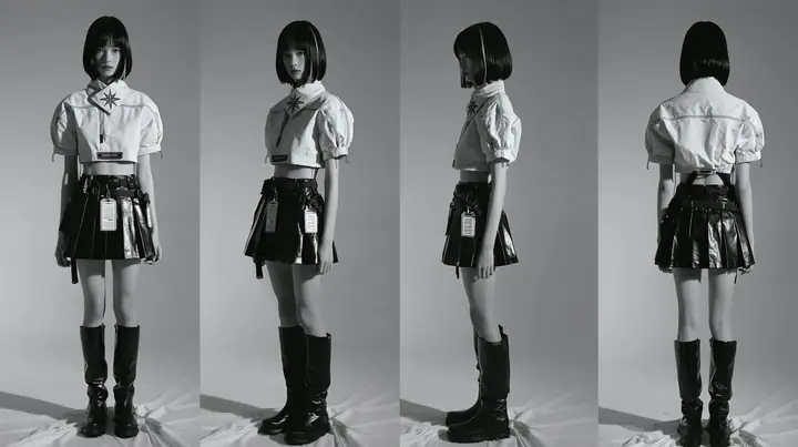 fashion lookbook turnaround sheet of one young woman, the same model shown four times — front, three-quarter, side, back — a glossy black blunt bob with a single clay-orange streak, calm curious expression, wearing a…