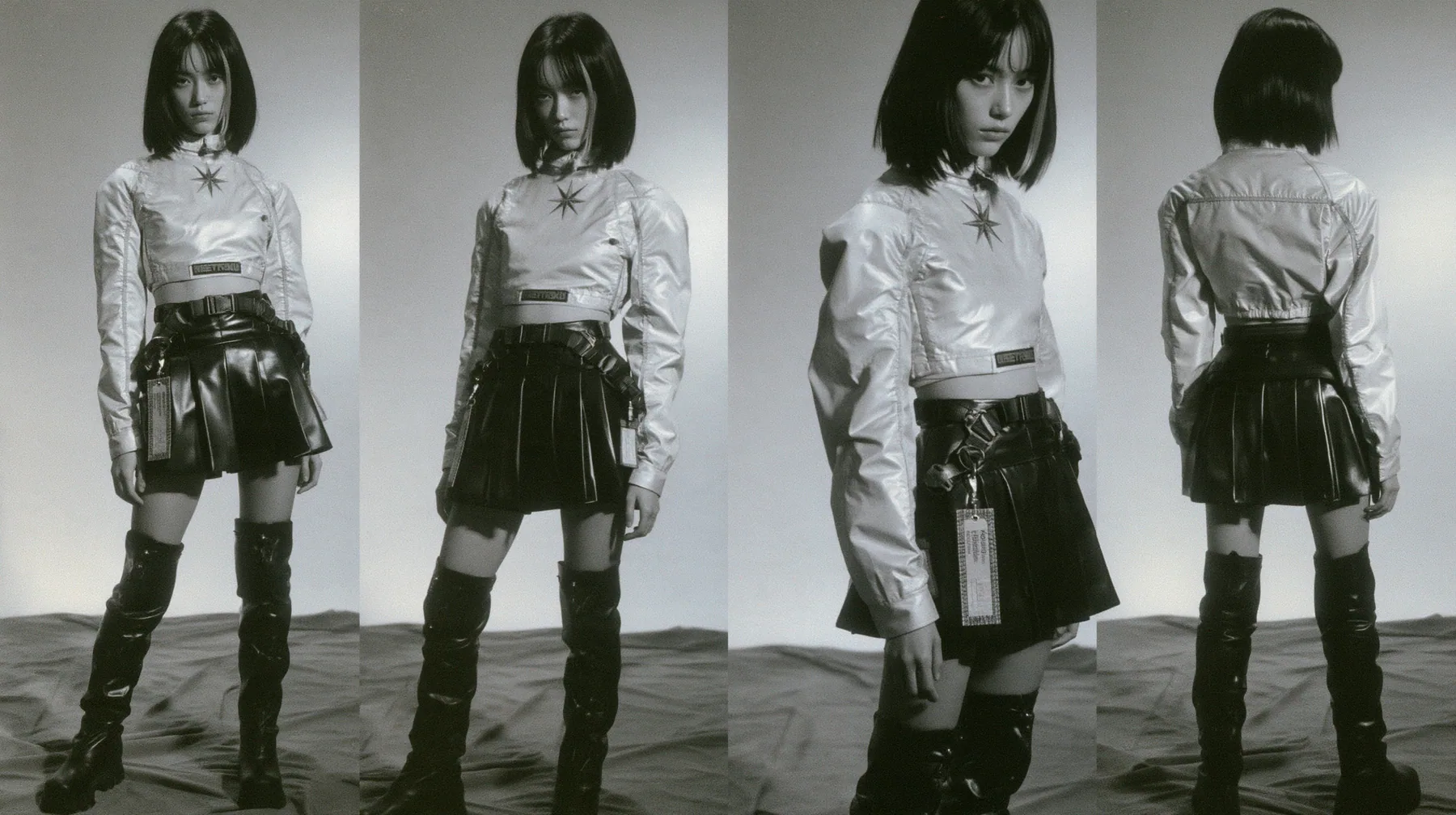 fashion lookbook turnaround sheet of one young woman, the same model shown four times — front, three-quarter, side, back — a glossy black blunt bob with a single clay-orange streak, calm curious expression, wearing a…