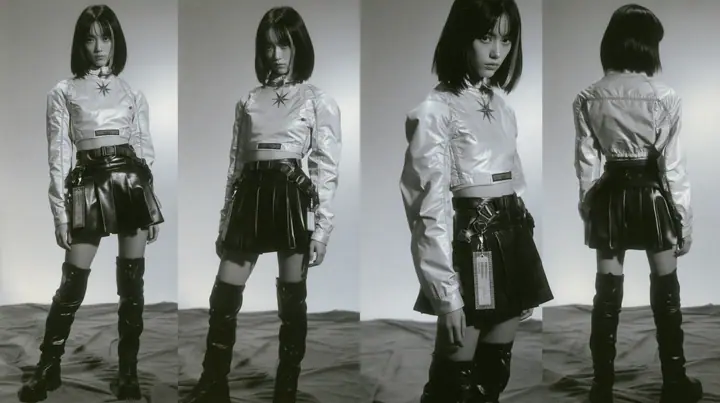fashion lookbook turnaround sheet of one young woman, the same model shown four times — front, three-quarter, side, back — a glossy black blunt bob with a single clay-orange streak, calm curious expression, wearing a…