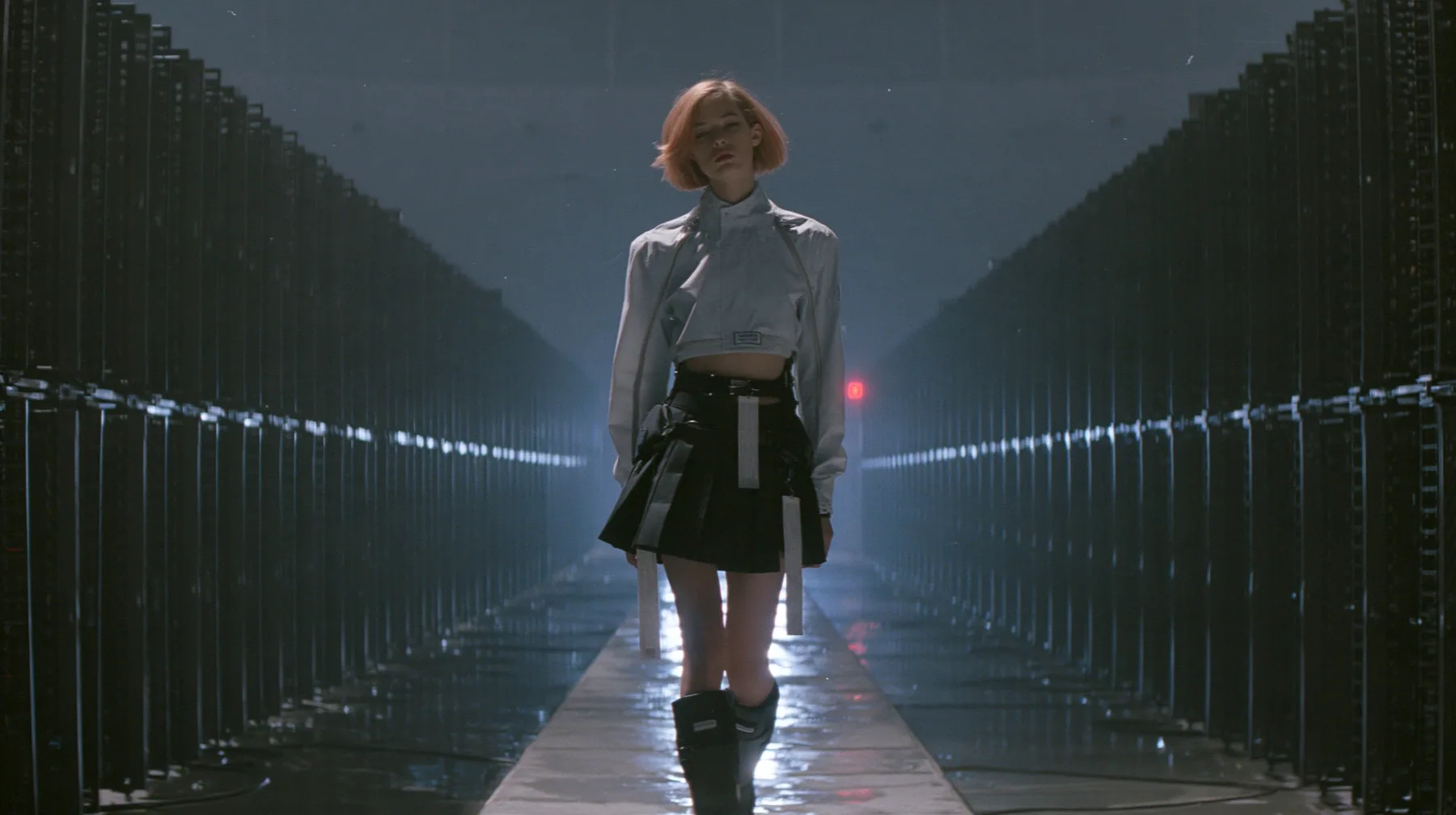 a young woman walking straight toward the camera down a long narrow catwalk of wet concrete inside a vast brutalist data hall, endless dark server towers receding into fog on both sides, short tousled terracotta…
