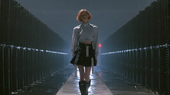 a young woman walking straight toward the camera down a long narrow catwalk of wet concrete inside a vast brutalist data hall, endless dark server towers receding into fog on both sides, short tousled terracotta…