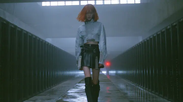 a young woman walking straight toward the camera down a long narrow catwalk of wet concrete inside a vast brutalist data hall, endless dark server towers receding into fog on both sides, short tousled terracotta…