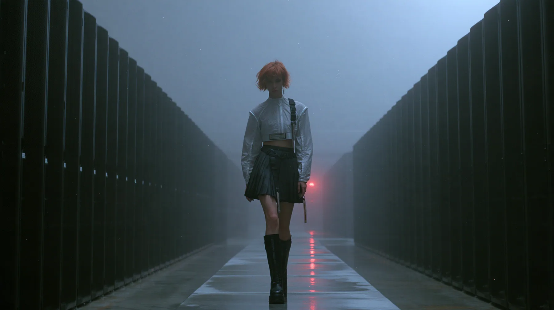 a young woman walking straight toward the camera down a long narrow catwalk of wet concrete inside a vast brutalist data hall, endless dark server towers receding into fog on both sides, short tousled terracotta…
