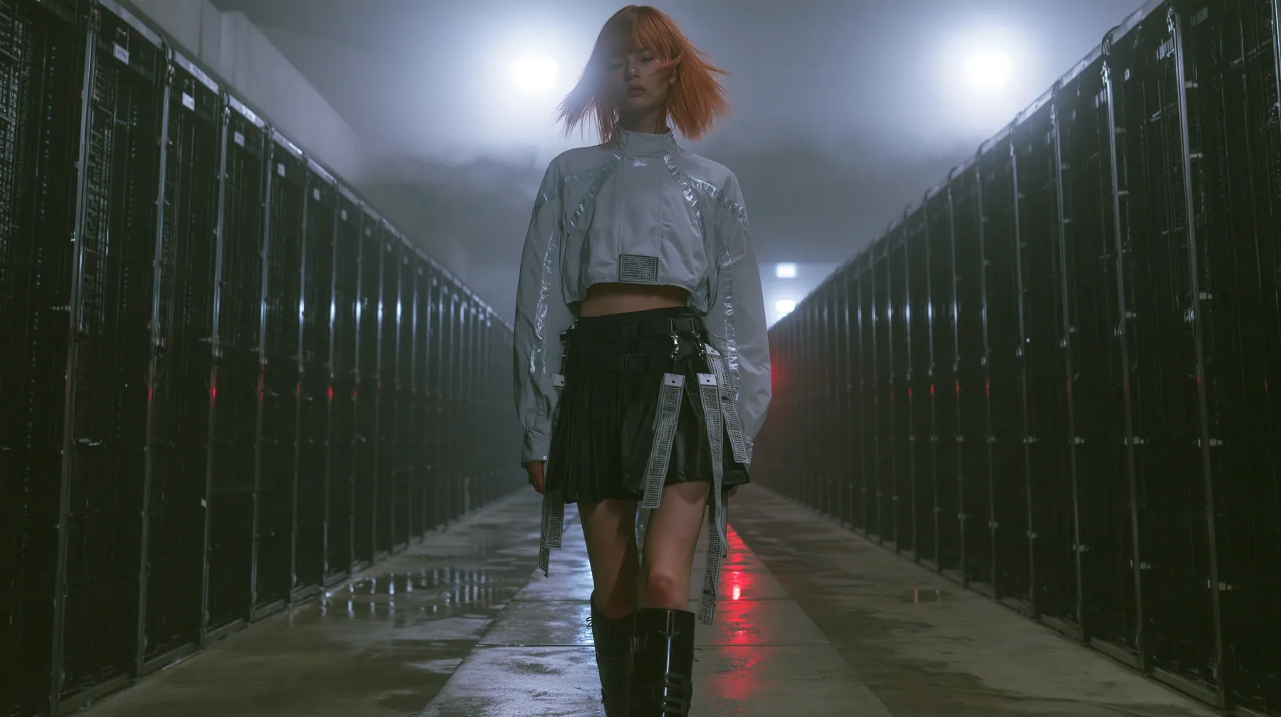 a young woman walking straight toward the camera down a long narrow catwalk of wet concrete inside a vast brutalist data hall, endless dark server towers receding into fog on both sides, short tousled terracotta…