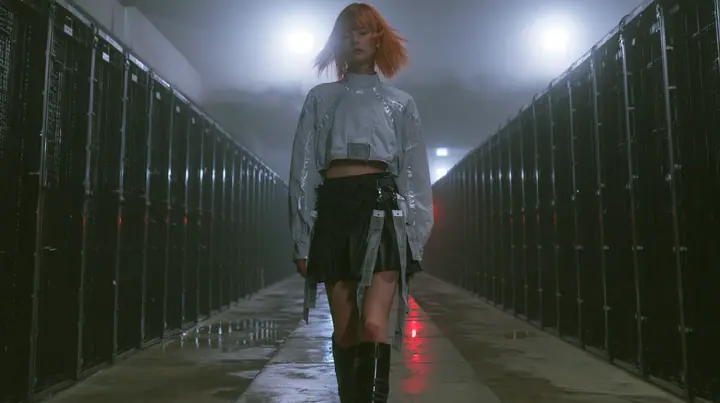 a young woman walking straight toward the camera down a long narrow catwalk of wet concrete inside a vast brutalist data hall, endless dark server towers receding into fog on both sides, short tousled terracotta…