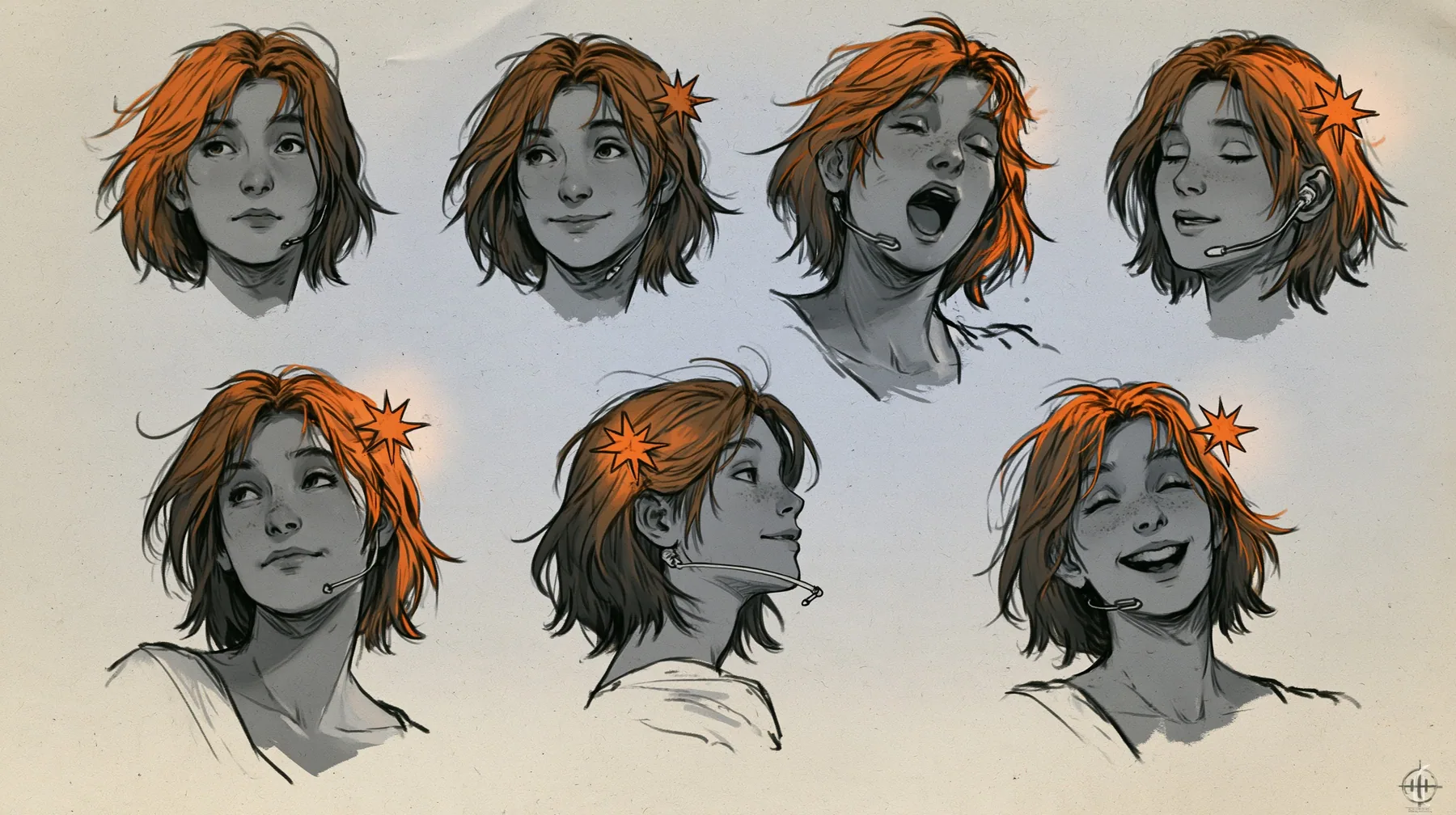 character expression sheet of one young woman, six head-and-shoulders portraits in a grid — neutral, faint smile, singing with open mouth, eyes closed, looking over shoulder, laughing — short tousled terracotta…