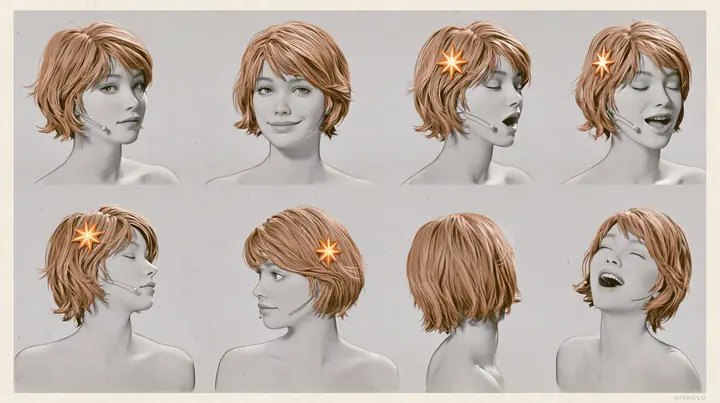 character expression sheet of one young woman, six head-and-shoulders portraits in a grid — neutral, faint smile, singing with open mouth, eyes closed, looking over shoulder, laughing — short tousled terracotta…