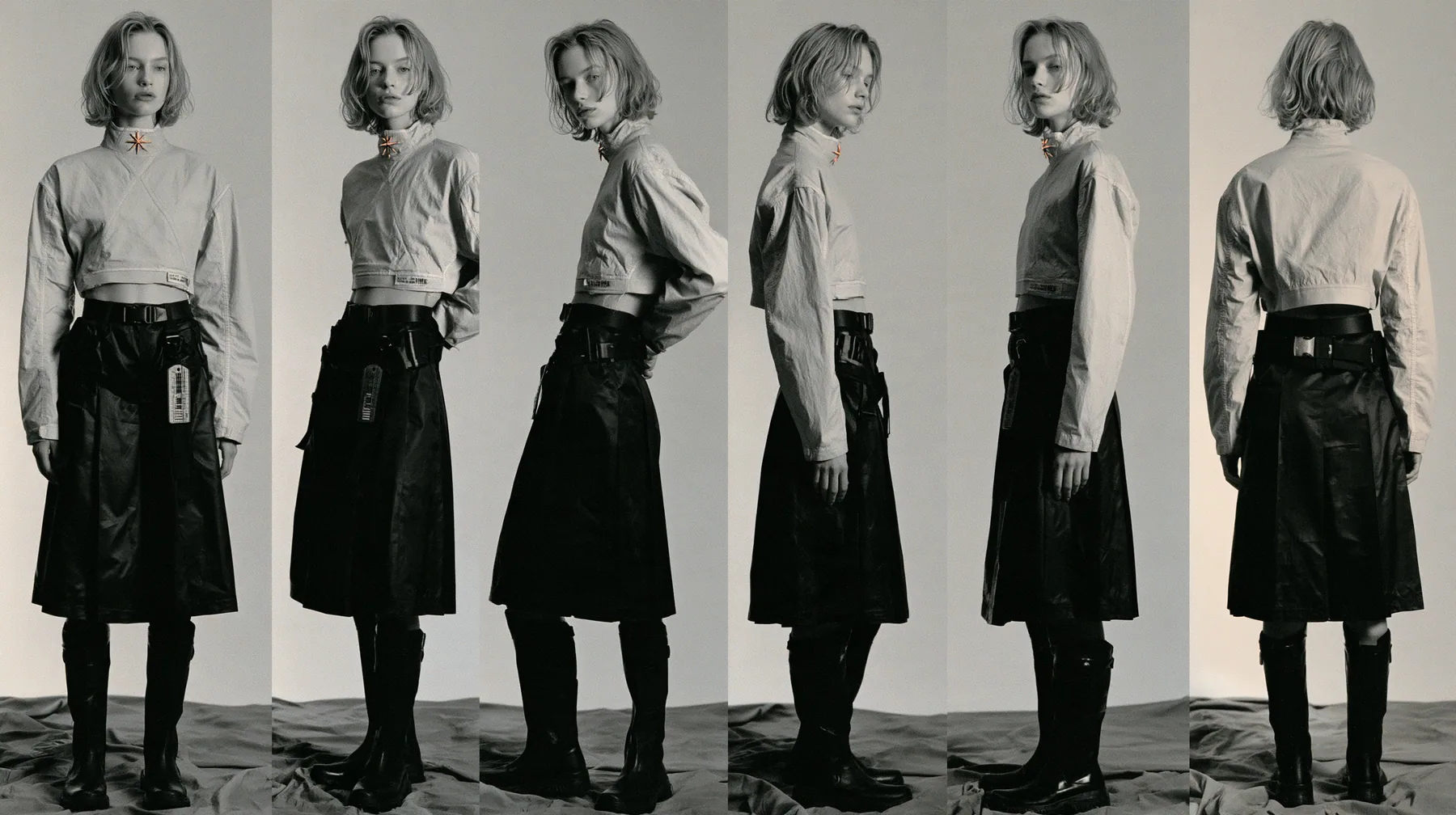 fashion lookbook turnaround sheet of one young woman, the same model shown four times — front, three-quarter, side, back — short tousled terracotta clay-orange hair, calm curious expression, wearing a technical…