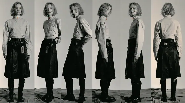 fashion lookbook turnaround sheet of one young woman, the same model shown four times — front, three-quarter, side, back — short tousled terracotta clay-orange hair, calm curious expression, wearing a technical…