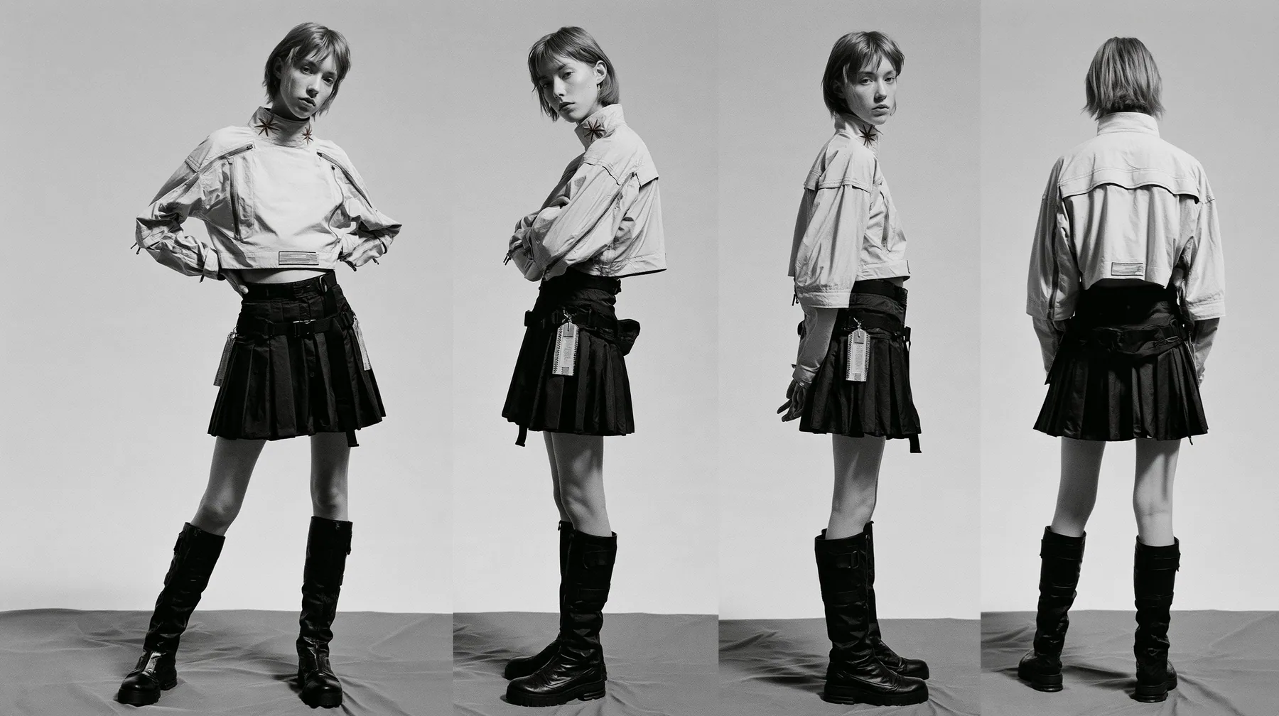 fashion lookbook turnaround sheet of one young woman, the same model shown four times — front, three-quarter, side, back — short tousled terracotta clay-orange hair, calm curious expression, wearing a technical…